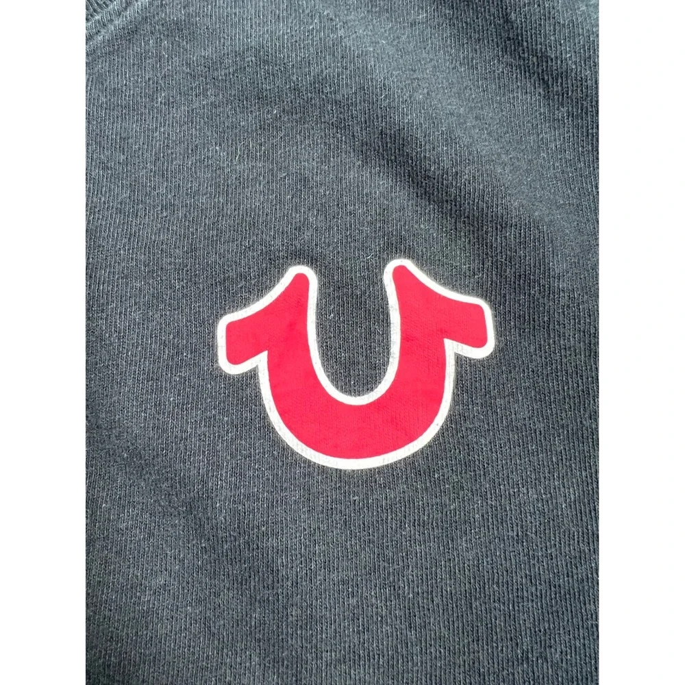 True Religion T-Shirt Mens Large Black Graphic Buddha Horseshoe Logo Tee